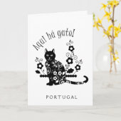 Schwarze Katze mit Blume und portugiesischer Auspr Karte (Gelbe Blume)