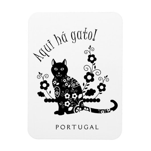 Schwarze Katze mit Blume und portugiesischer Auspr Magnet (Vertikal)