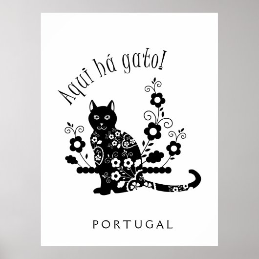 Schwarze Katze mit Blume und portugiesischer Auspr Poster (Vorne)