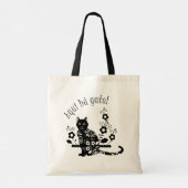 Schwarze Katze mit Blume und portugiesischer Auspr Tragetasche (Rückseite)