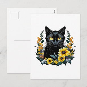 schwarze Katze mit Blumen Feiertagspostkarte