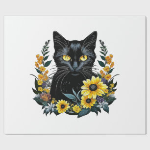 schwarze Katze mit Blumen Geschenkpapier