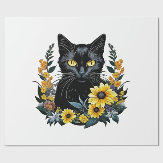 schwarze Katze mit Blumen Geschenkpapier (Flach)