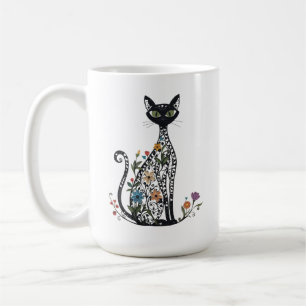 Schwarze Katze mit Blumen im Filigranstil Kaffeetasse