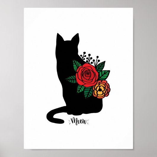 Schwarze Katze mit Blumen Poster (Vorne)