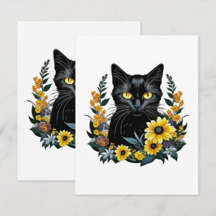 schwarze Katze mit Blumen RSVP Karte