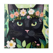 Schwarze Katze mit Blumenkronen Fliese (Vorderseite)