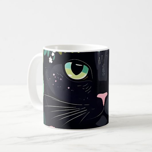 Schwarze Katze mit Blumenkronen Kaffeetasse (Vorderseite Links)