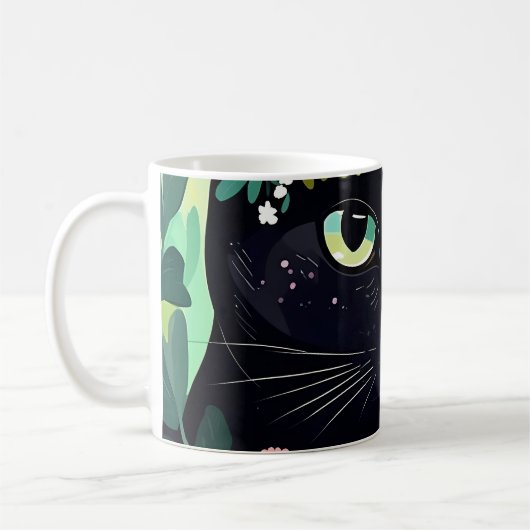 Schwarze Katze mit Blumenkronen Kaffeetasse (Links)
