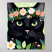 Schwarze Katze mit Blumenkronen Poster (Vorne)