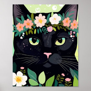Schwarze Katze mit Blumenkronen Poster