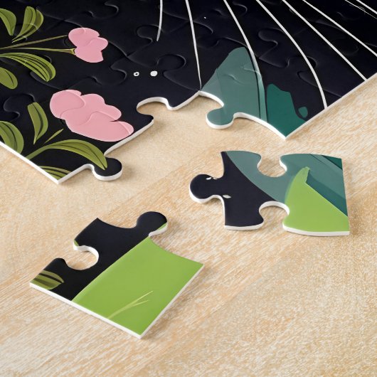 Schwarze Katze mit Blumenkronen Puzzle (Seite)