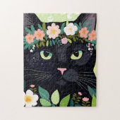 Schwarze Katze mit Blumenkronen Puzzle (Vertikal)