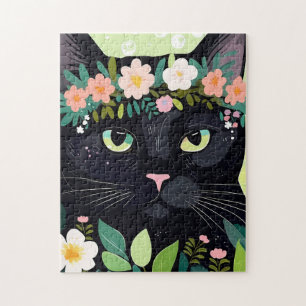Schwarze Katze mit Blumenkronen Puzzle