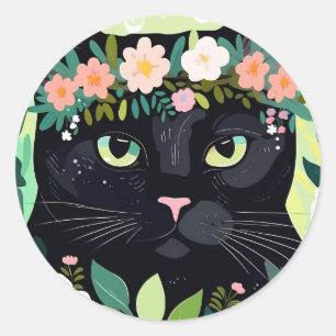 Schwarze Katze mit Blumenkronen Runder Aufkleber