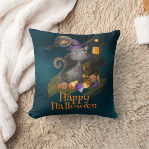 Schwarze Katze mit Bonbons, Halloween Kissen