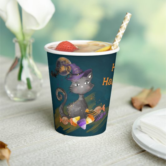 Schwarze Katze mit Bonbons, Halloween Pappbecher (In Situ)