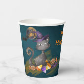Schwarze Katze mit Bonbons, Halloween Pappbecher (Vorderseite)