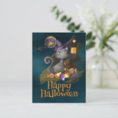 Schwarze Katze mit Bonbons, Halloween Postkarte (Stehend Vorderseite)
