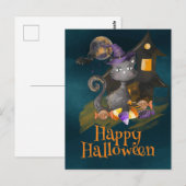 Schwarze Katze mit Bonbons, Halloween Postkarte (Vorne/Hinten)