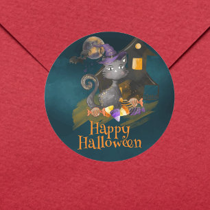 Schwarze Katze mit Bonbons, Halloween Runder Aufkleber