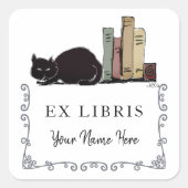 Schwarze Katze mit Büchern Niedlich HandGezeichnet Quadratischer Aufkleber (Vorderseite)