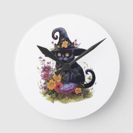 Schwarze Katze mit Cowboyhut und Blume Runde Wanduhr