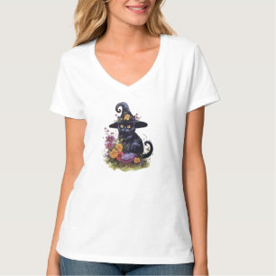 Schwarze Katze mit Cowboyhut und Blume T-Shirt