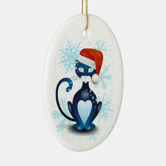 Schwarze Katze mit dem Hut des Weihnachtsmanns Keramik Ornament (Rechts)