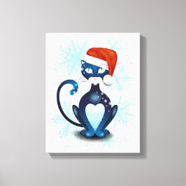Schwarze Katze mit dem Hut des Weihnachtsmanns Leinwanddruck