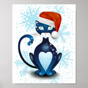 Schwarze Katze mit dem Hut des Weihnachtsmanns Poster