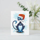 Schwarze Katze mit dem Hut des Weihnachtsmanns Postkarte (Stehend Vorderseite)