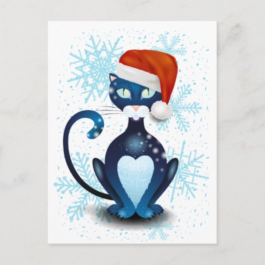Schwarze Katze mit dem Hut des Weihnachtsmanns Postkarte (Vorderseite)