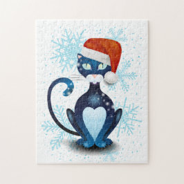 Schwarze Katze mit dem Hut des Weihnachtsmanns Puzzle