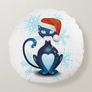 Schwarze Katze mit dem Hut des Weihnachtsmanns Rundes Kissen