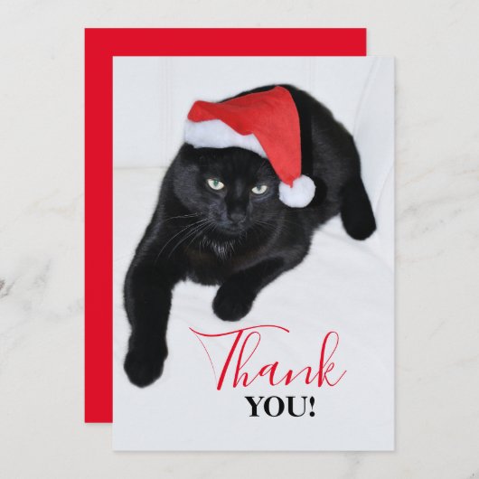 Schwarze Katze mit der roten Weihnachtsmannmütze Dankeskarte (Vorne/Hinten)