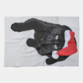 Schwarze Katze mit der roten Weihnachtsmannmütze Geschirrtuch (Horizontal)