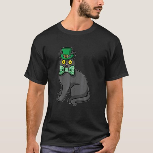 Schwarze Katze mit Efeumütze mit St. Patrick's Day T-Shirt (Vorderseite)