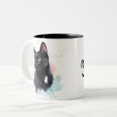 Schwarze Katze mit eigenem Text auf Tasse (Vorderseite Links)