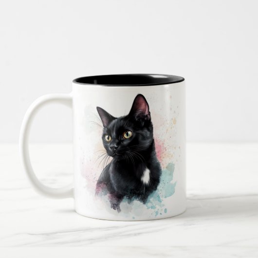 Schwarze Katze mit eigenem Text auf Tasse (Links)