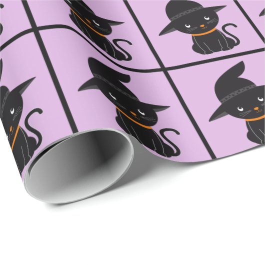 Schwarze Katze mit einem Hexenhut Halloween Geschenkpapier (Rolleneckpunkt)