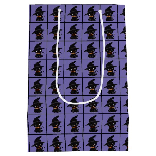 Schwarze Katze mit einem Hexenhut Halloween Mittlere Geschenktüte (Rückseite)