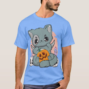 Schwarze Katze mit einem Niedlichen Pumpkin Chibi T-Shirt