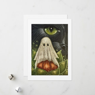 Schwarze Katze mit einer Geist-Flach-Halloween-Kar Feiertagskarte