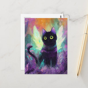 Schwarze Katze mit Engelsflügeln Postkarte