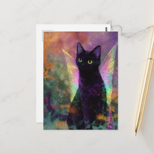 Schwarze Katze mit Feenflügeln Postkarte (Vorderseite/Rückseite Beispiel)