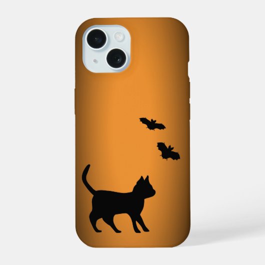 Schwarze Katze mit Fledermaus iPhone 15 Hülle (Rückseite)