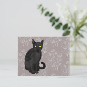 schwarze Katze mit floralem Hintergrund Postkarte