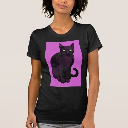 Schwarze Katze mit Fuchsienhintergrund T-Shirt (Vorderseite)