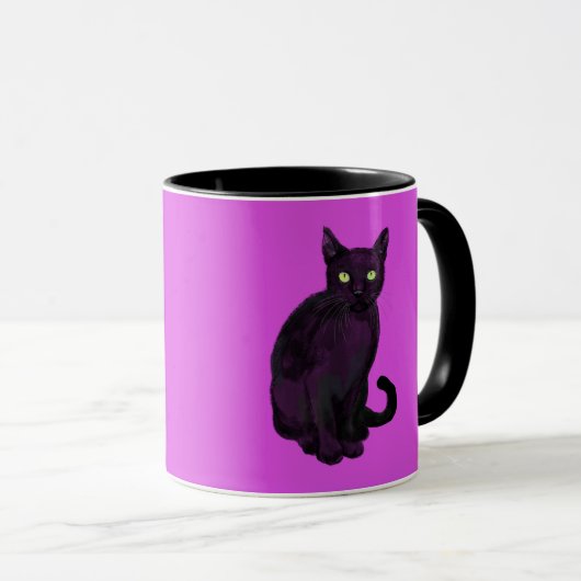 Schwarze Katze mit Fuchsienhintergrund Tasse (VorderseiteRechts)